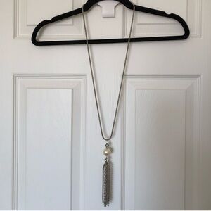 Long Silver Chain Necklace with Pearl and Tassel Pendant